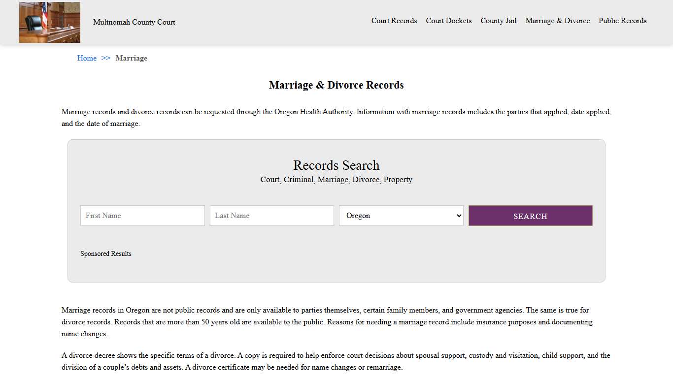 Marriage & Divorce Records | Multnomah County Court