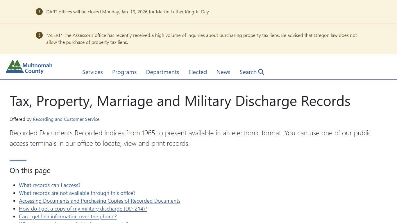 Tax, Property, Marriage and Military Discharge Records | Multnomah County